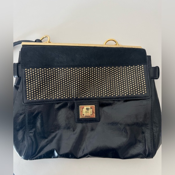 Badgley Mischka Black Patent Leather Calf Hair Gold Hardware Hand Bag - Picture 4 of 13